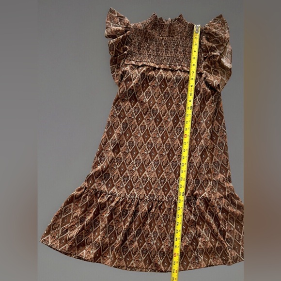 Anthropologie THML Short Flutter Sleeve Smocked Midi Dress Brown Geometric XS - Picture 8 of 13